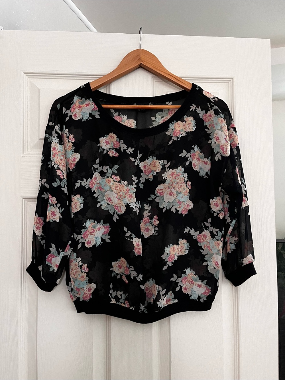 Sheer Black Floral Chiffon Dolman Blouse Pink Roses Size L